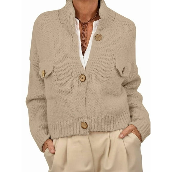 Womens Cropped Cardigan Sweaters Button Up Chunky Knit Long Sleeve Stand Collar Open Front Loose Jackets Apricot L