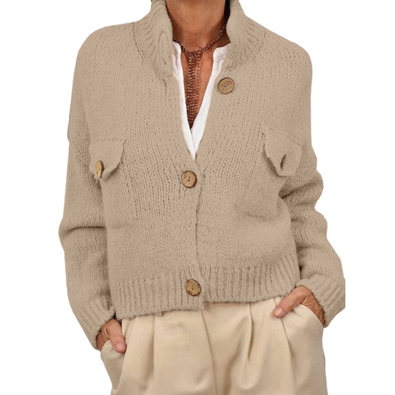 Womens Cropped Cardigan Sweaters Button Up Chunky Knit Long Sleeve Stand Collar Open Front Loose Jackets Apricot S