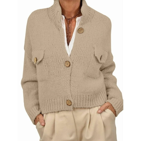 Womens Cropped Cardigan Sweaters Button Up Chunky Knit Long Sleeve Stand Collar Open Front Loose Jackets Apricot XL