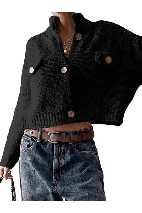 Women Trendy Button Up Sweater Jackets Mock Neck Long Sleeve Loose Fit Chunky Knit Outwear Coats Black M