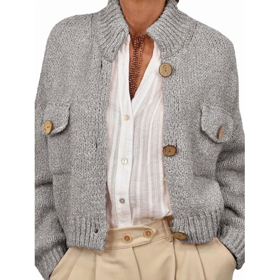 Womens Cropped Cardigan Sweaters Button Up Chunky Knit Long Sleeve Stand Collar Open Front Loose Jackets Gray M