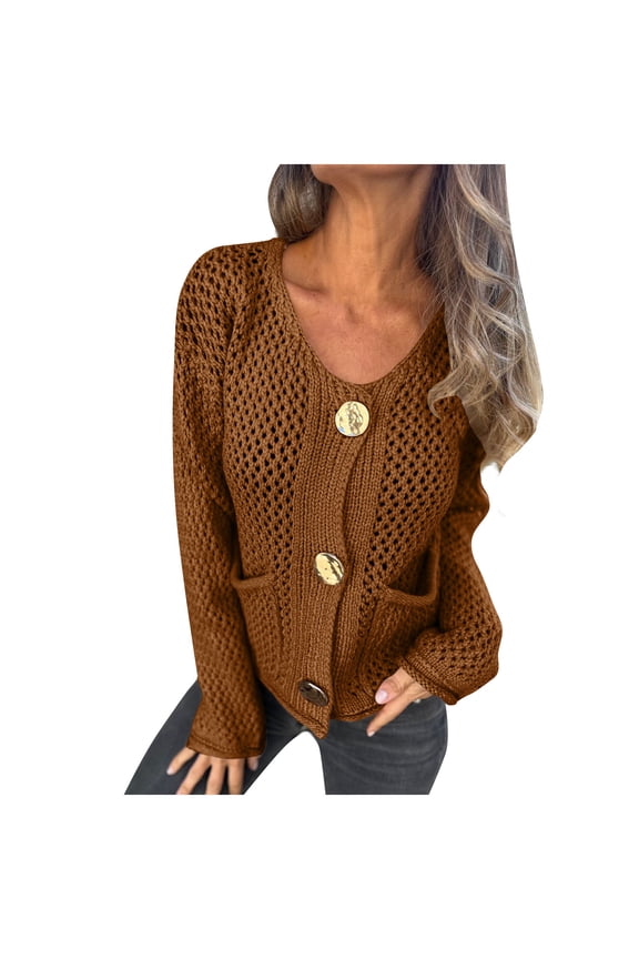 Womens Cropped Cardigan Sweaters Gold Button Down Chunky Knit Sweaters Long Sleeve Open Front Fall Crochet Cardigan with Pockets