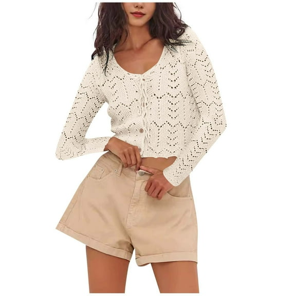 Womens Cropped Cardigans Button Front Hollow Long Sleeve Sweater Tie Casual Ladies Bolero Shrug for Dresses Beige, L