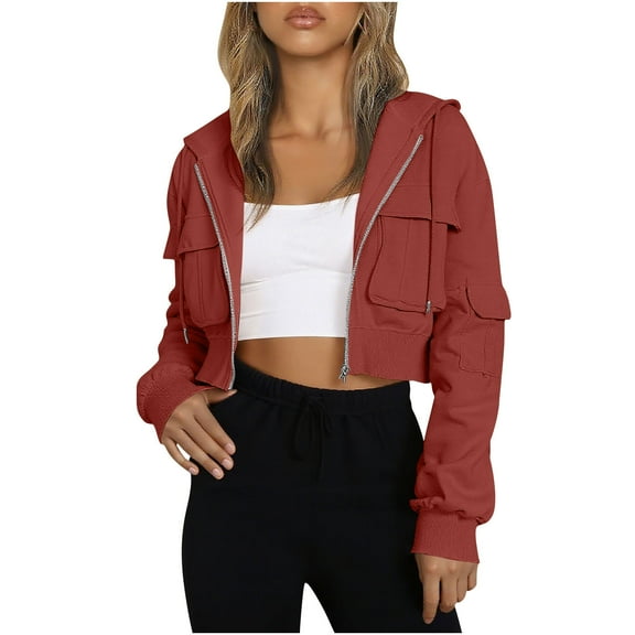 Womens Cropped Cargo Jacket Casual Zipper Up Long Sleeve Coat Lightweight Loose Solid Color Drawstring Outerwear with Pocket
