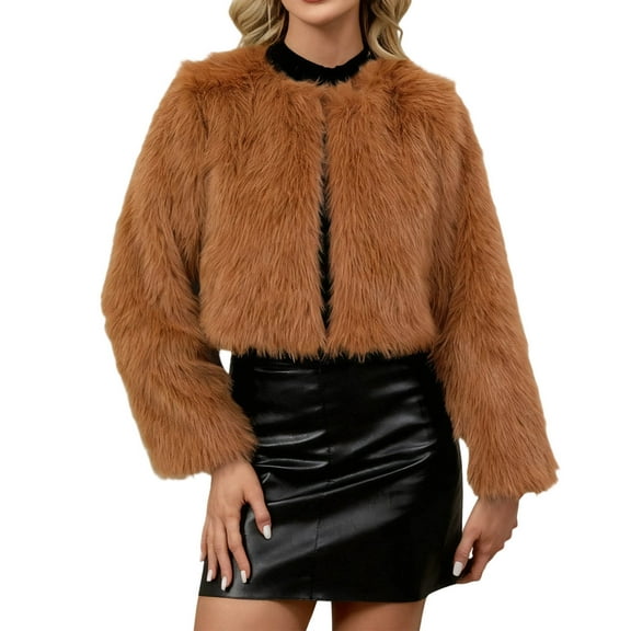 Womens Cropped Coats Faux Fur Jacket Long Sleeve Open Front Cardigan Casual Fluffy Parka Shaggy Short Coat Casual Overcoats Fall Winter Outerwear