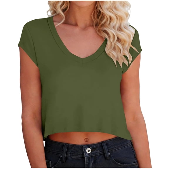 Womens Cropped Deep V Neck T Shirts Cap Sleeve Loose Fit Summer Tops Casual Solid Color Basic Tees