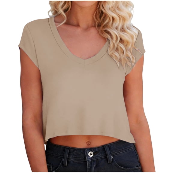 Womens Cropped Deep V Neck T Shirts Cap Sleeve Loose Fit Summer Tops Casual Solid Color Basic Tees