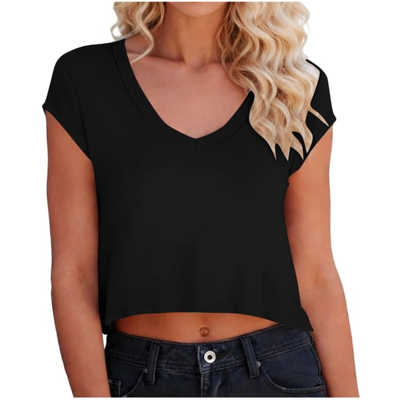 Womens Cropped Deep V Neck T Shirts Cap Sleeve Loose Fit Summer Tops Casual Solid Color Basic Tees