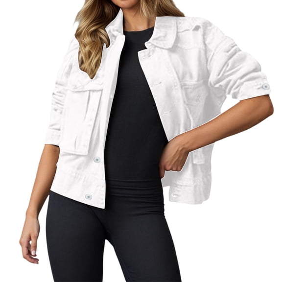 Womens Cropped Denim Cargo Jacket Fashion Long Sleeve Button Down Lapel Workwear Jean Shacket Coat With Pocket