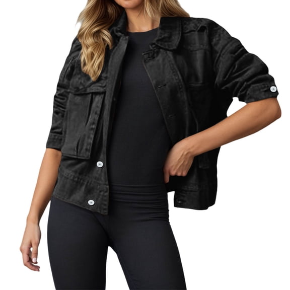 Womens Cropped Denim Cargo Jacket Fashion Long Sleeve Button Down Lapel Workwear Jean Shacket Coat With Pocket