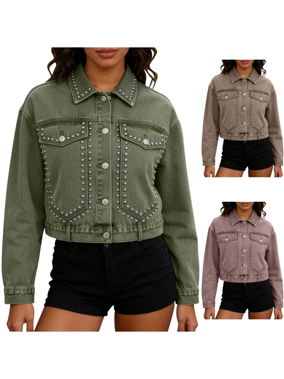 Womens Cropped Denim Jacket Button Down Studded Collared Jean Coat, Drop Shoulder Going Out Fall Fashion Streetwear Western Outfits, Army Green, M