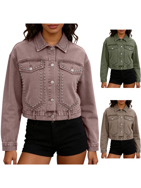 Womens Cropped Denim Jacket Button Down Studded Collared Jean Coat, Drop Shoulder Going Out Fall Fashion Streetwear Western Outfits, Pink, M