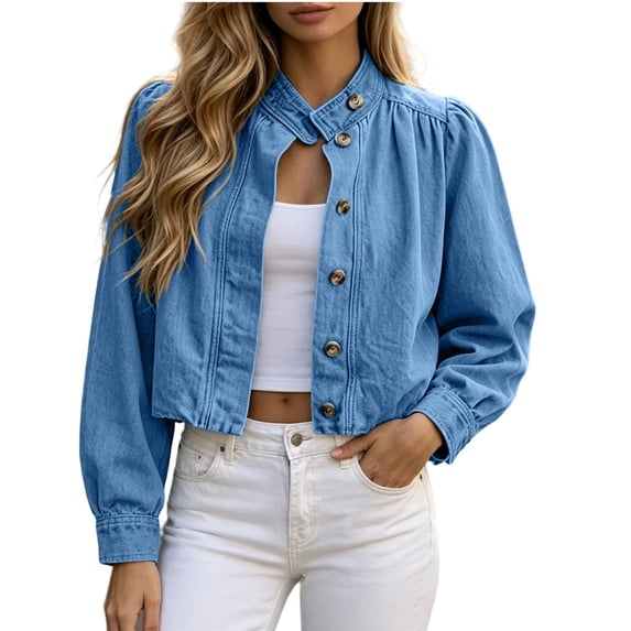 Womens Cropped Denim Jacket Button Down Y2K Ruffle Jean Shacket Mock Neck Casual Tops Long Sleeve Retro Washed Denim Coat Blue L