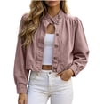 thumbnail image 1 of Womens Cropped Denim Jacket Button Down Y2K Ruffle Jean Shacket Mock Neck Casual Tops Long Sleeve Retro Washed Denim Coat Pink M, 1 of 6