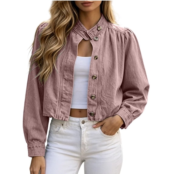 Womens Cropped Denim Jacket Button Down Y2K Ruffle Jean Shacket Mock Neck Casual Tops Long Sleeve Retro Washed Denim Coat Pink M