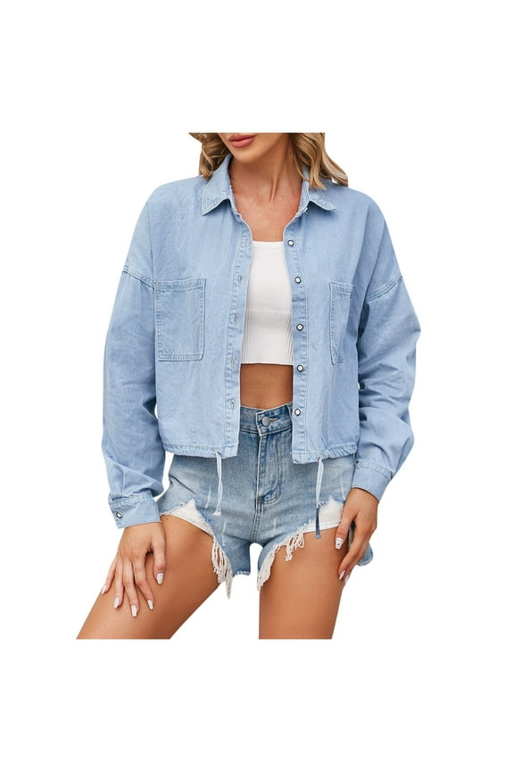 Womens Cropped Denim Jacket Womens Plus Denim Stretch Denim Jacket, Women's Oversized Mid Long Denim Jacket Jean Biker Coat S-105 Light Blue S