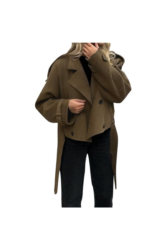 Womens Cropped Double Breasted Notched Lapel Wool Blend Jacket Coat Casual Solid Color Pockets Coat with Belt