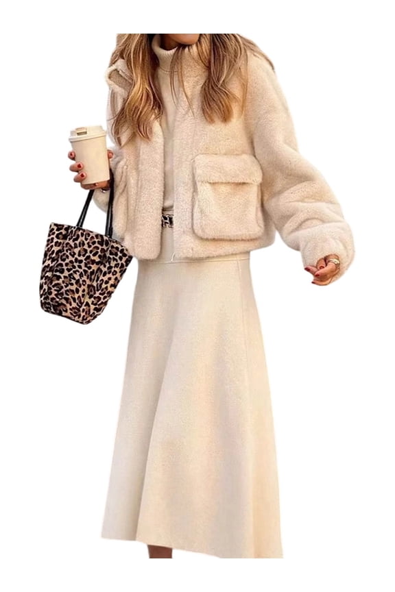 Womens Cropped Faux Fur Coat Fleece Stand Collar Zip Up Jacket Winter Warm Outerwear Apricot Color M