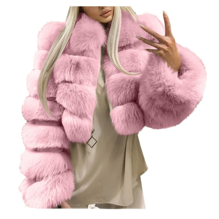 HOT Y2k Pink Faux Fur Coat With Hood Bear Fur Hood Womens
