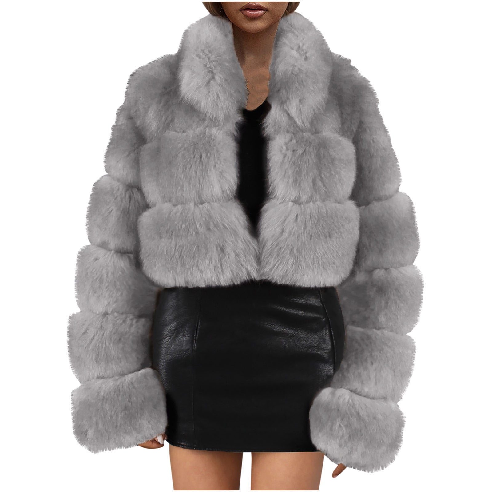 Womens Cropped Faux Fur Jacket Fuzzy Warm Coat Open Front Cardigan