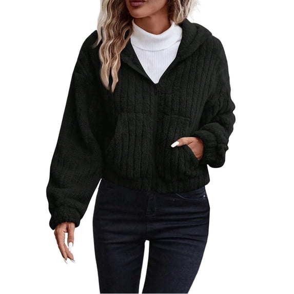Womens Cropped Fleece Jacket Zip Up Long Sleeve Soft Plush Jackets Casual Warm Lightweight Winter Coats with Pockets