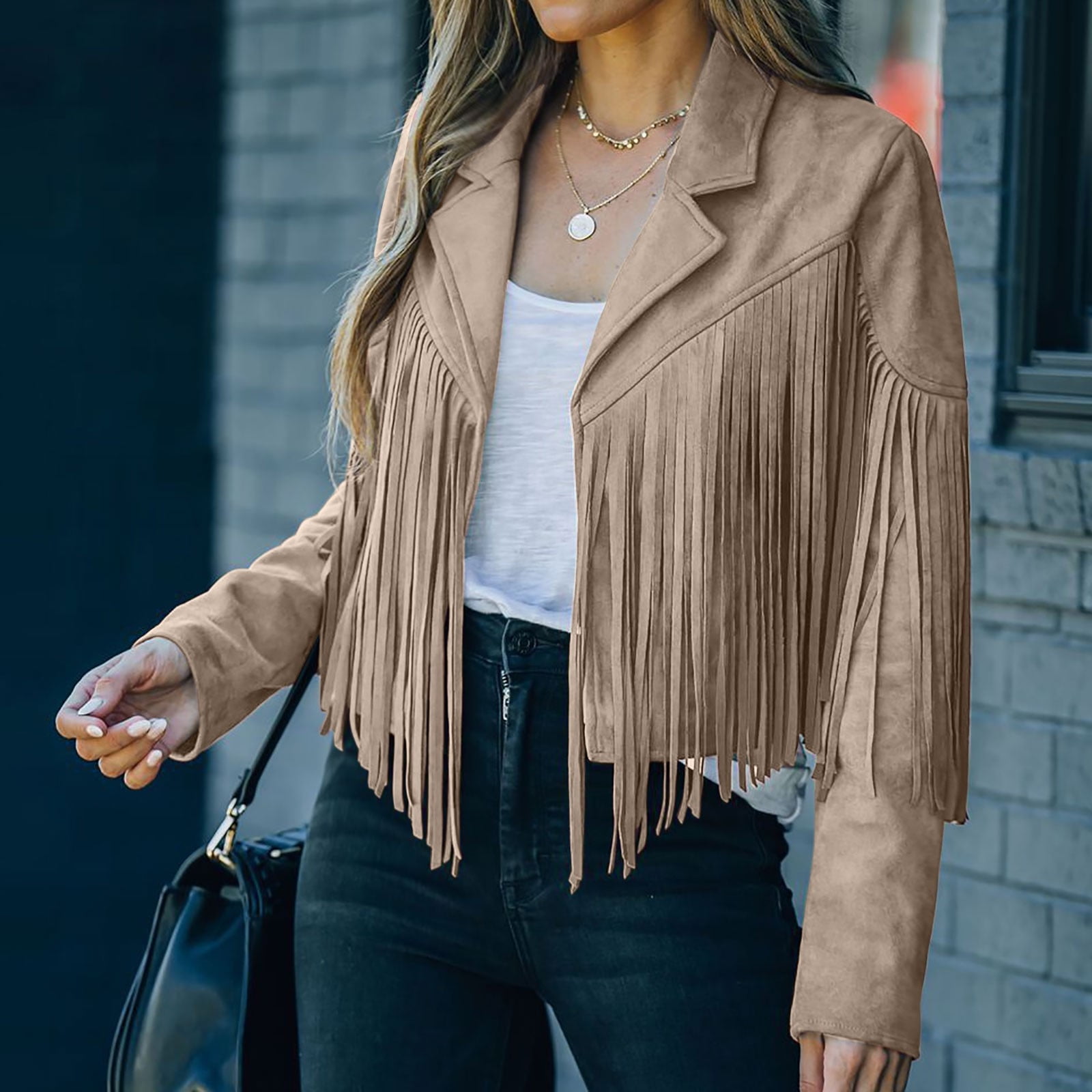 Women's Notched Collar Open-Front Fringed Jacket Casual Faux Suede Tassel Motorcycle Cropped Jacket