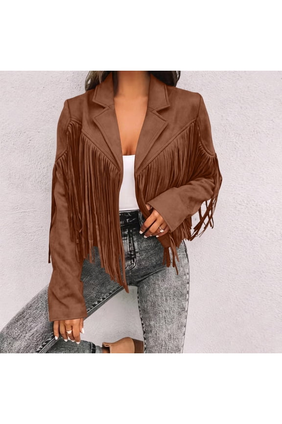 Womens Cropped Fringe Jacket, Faux Suede Open Front Western Country Coat Brown,Size M