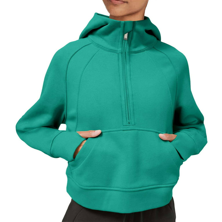 Womens Cropped Half Zip Hoodies Fleece Lined 1/2 Zipper Sweatshirts Long  Sleeve Collar Pullovers with Thumb Hole 