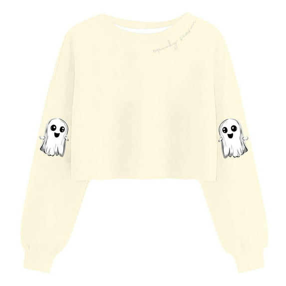Womens Cropped Halloween Sweatshirts Fashion Ghost Graphic Pullover Shirts Cute Long Sleeve Trendy Clothes Beige, L