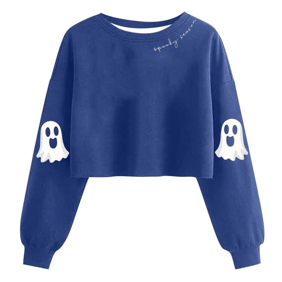 Womens Cropped Halloween Sweatshirts Fashion Ghost Graphic Pullover Shirts Cute Long Sleeve Trendy Clothes Blue, M