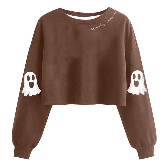 Womens Cropped Halloween Sweatshirts Fashion Ghost Graphic Pullover Shirts Cute Long Sleeve Trendy Clothes Brown, M