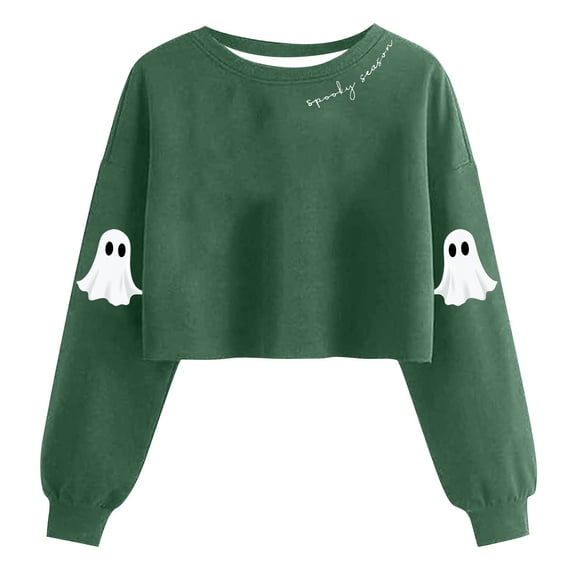 Womens Cropped Halloween Sweatshirts Fashion Ghost Graphic Pullover Shirts Cute Long Sleeve Trendy Clothes Green, M