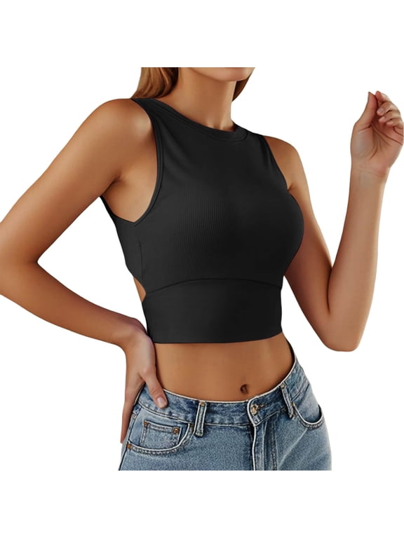 Womens Cropped High Neck Tank Tops Trendy Summer Sleeveless Backless Shirts Causal Slim Fit Back Lace up T Shirts Tops Black S