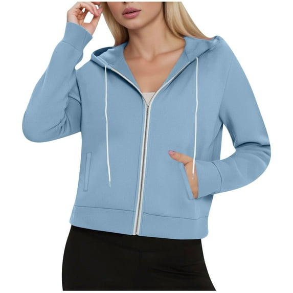 Womens Cropped Hooded Sweatshirts, Zip Up Hoodies for Women Fall Fashion Loose Fit Solid Color Long Sleeve Pullover with Pockets