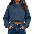 thumbnail image 1 of Womens Cropped Hooded sweatshirt Long Sleeve Solid Color Fashion Streetwear Fall Casual Pullover Outfits Blue L, 1 of 7