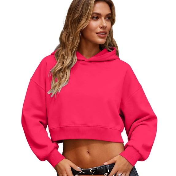 Womens Cropped Hoodies Sweatshirts Casual Loose Workout Pullover Shirts Solid Color Long Sleeve Hooded Crop Tops