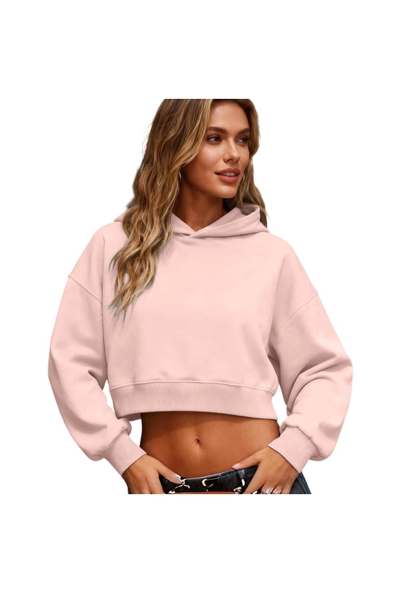 Womens Cropped Hoodies Sweatshirts Casual Loose Workout Pullover Shirts Solid Color Long Sleeve Hooded Crop Tops