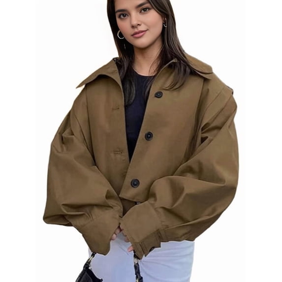 Womens Cropped Jacket Batwing Sleeve Trendy Casual Short Trench Coats Button Up Outerwear Khaki L
