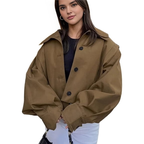 Womens Cropped Jacket Batwing Sleeve Trendy Casual Short Trench Coats Button Up Outerwear Khaki M