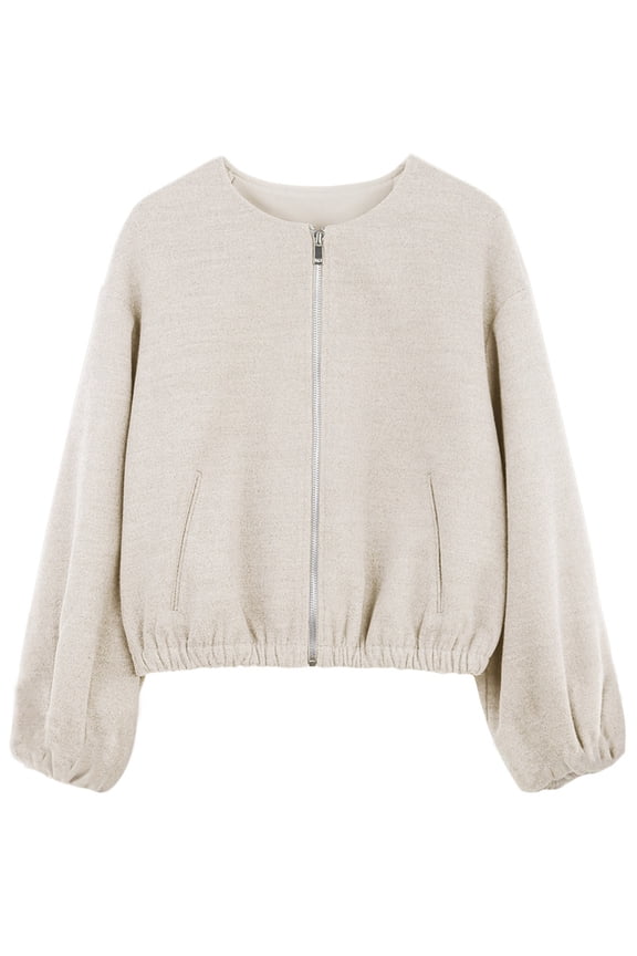 Womens Cropped Jacket Casual Zip Up Varsity Jackets Trendy Outwear Coats with Welt Pockets Apricot Color M