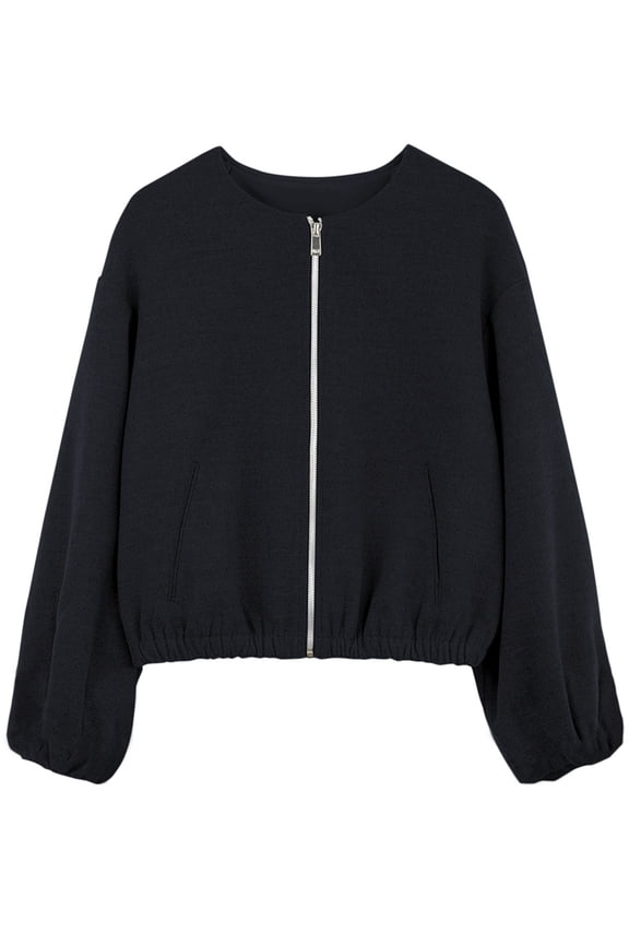 Womens Cropped Jacket Casual Zip Up Varsity Jackets Trendy Outwear Coats with Welt Pockets Black L