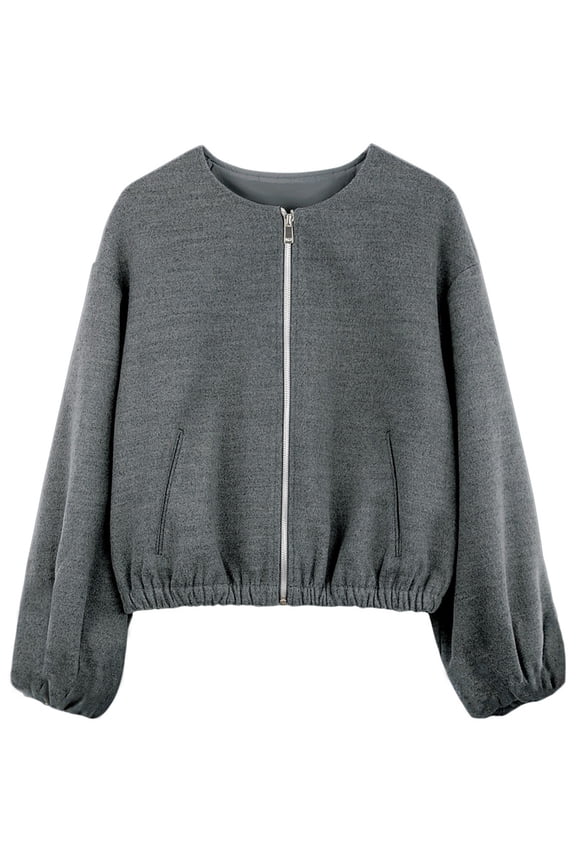 Womens Cropped Jacket Casual Zip Up Varsity Jackets Trendy Outwear Coats with Welt Pockets Gray XL