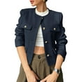 thumbnail image 1 of Womens Cropped Jacket Collarless Button Down Business Casual Fall Outfits Winter Coats Navy Blue L, 1 of 9