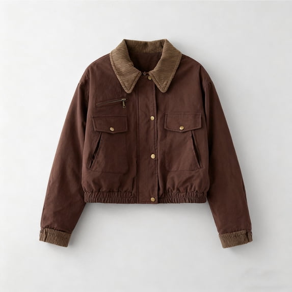 Womens Cropped Jacket Contrast Collar Utility Coat Cargo Jacket Barn Jacket Outwear with Pockets Cute Jackets For Women