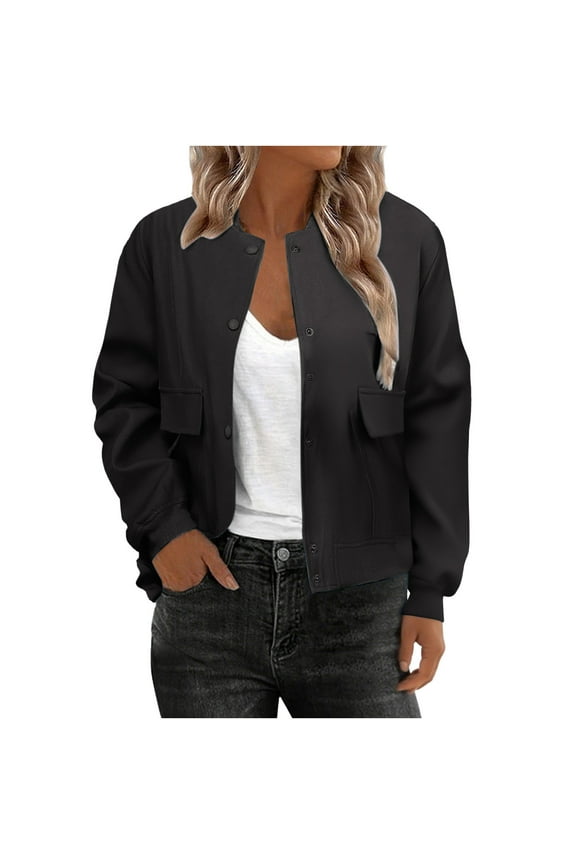 Womens Cropped Jacket Fashion Long Sleeve Button Down Outwear Coats Varsity Shacket with Side Pockets Black M