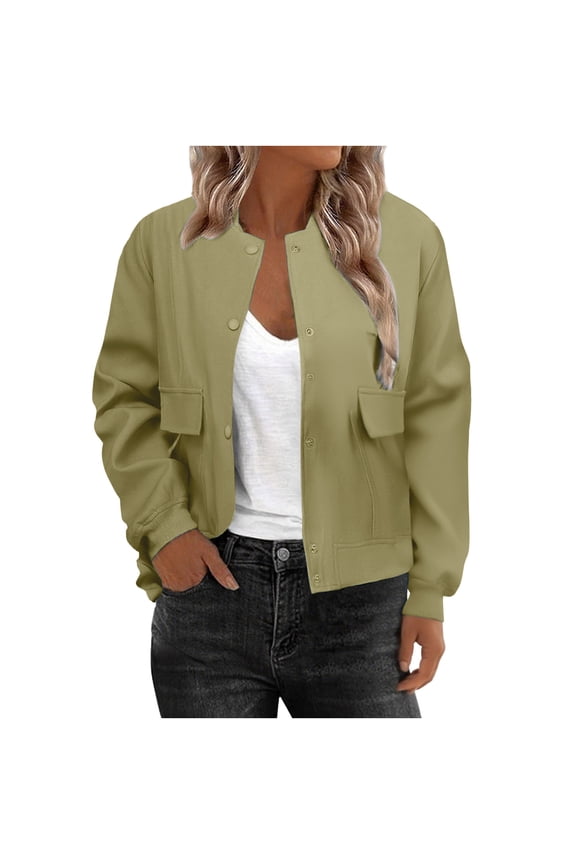 Womens Cropped Jacket Fashion Long Sleeve Button Down Outwear Coats Varsity Shacket with Side Pockets Green M