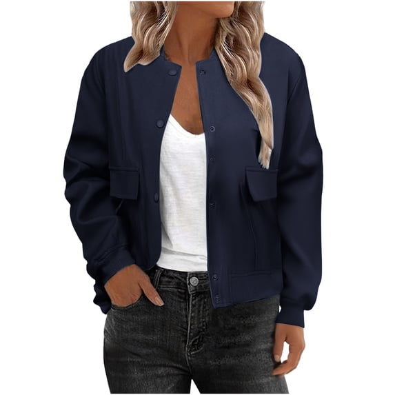Womens Cropped Jacket Fashion Long Sleeve Button Down Outwear Coats Varsity Shacket with Side Pockets Navy M
