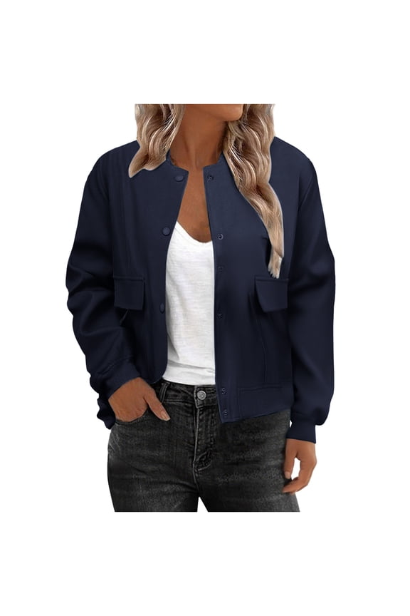 Womens Cropped Jacket Fashion Long Sleeve Button Down Outwear Coats Varsity Shacket with Side Pockets Navy M