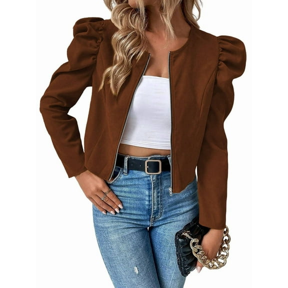 Womens Cropped Jacket Long Sleeve Zipper Up Coat Outwear Fall Outfit Shackets Dark Brown M