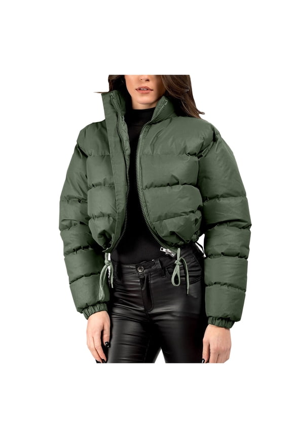 Womens Cropped Jacket Winter Puffer Jacket Oversized Loose Short Down Zip Up Shacket Jacket High Neck Peacoat Drawstring Overcoat Trendy Personality Coats(Army Green,M)